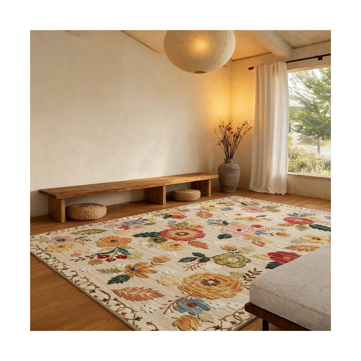 Machine-washable bedroom and living room carpet Vintage floral carpet Soft faux cashmere carpet
