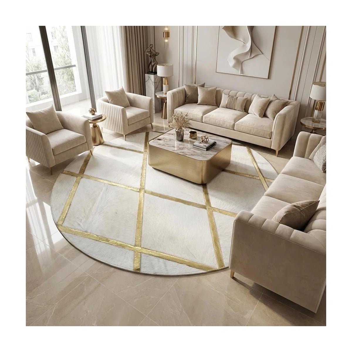 White And Gold Faux Fur Round Rug, Plush Geometric Circle Carpet,