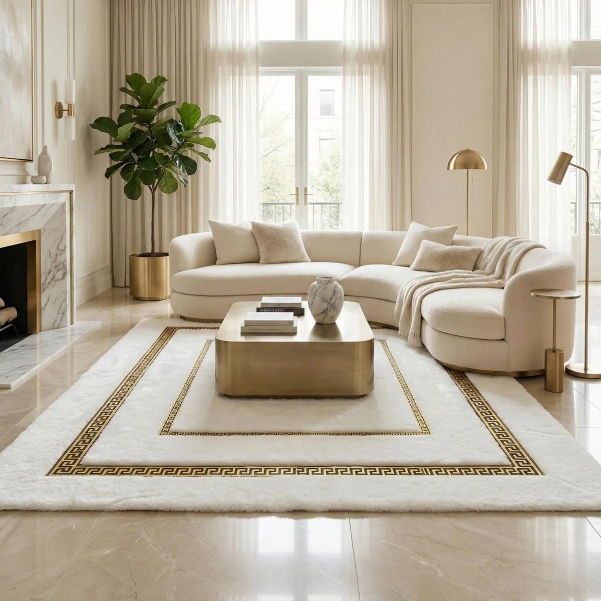 White And Gold Plush Rug, Luxury Golden Border Area Rug, Modern Faux Fur Carpet,