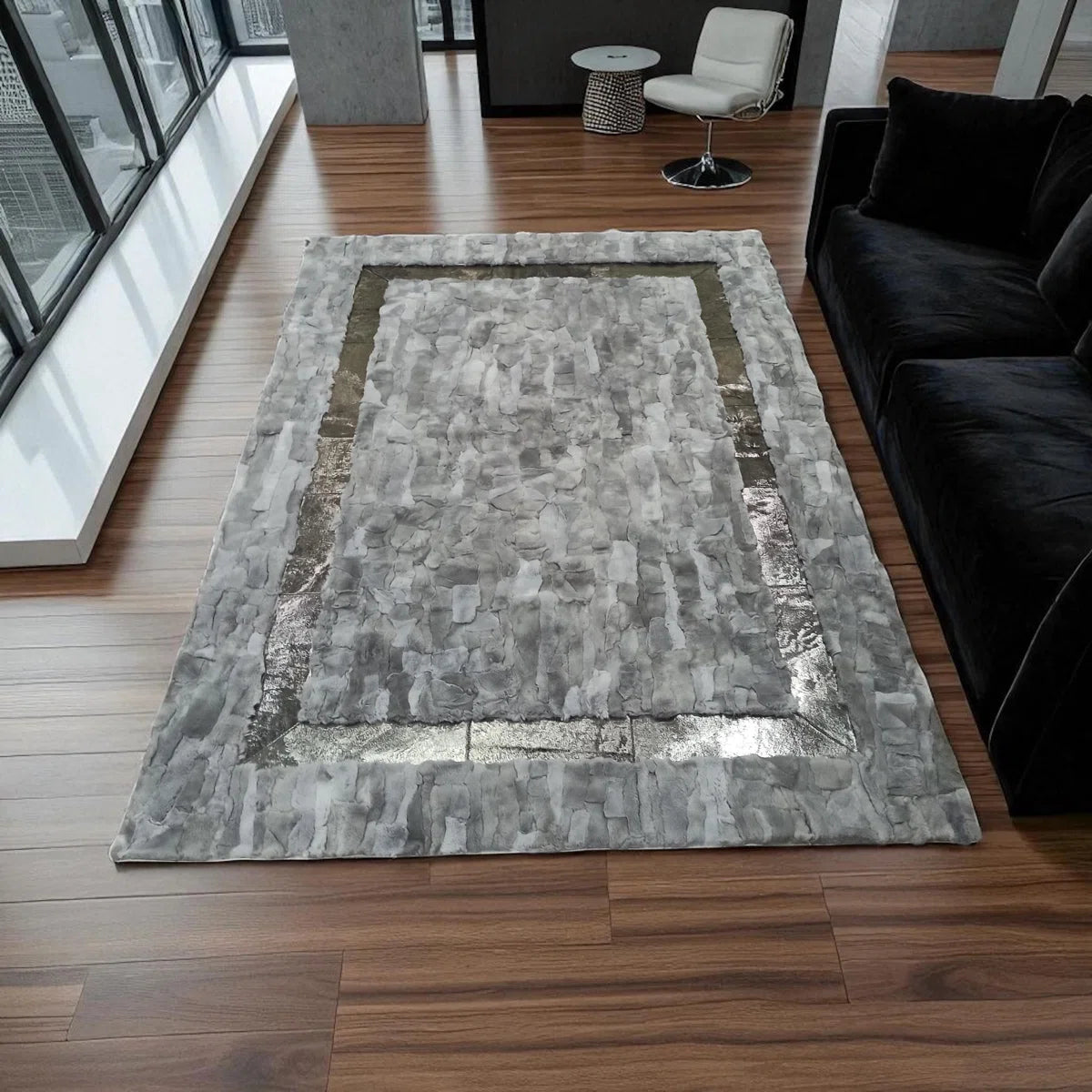 Gray Rabbit Fur Rug With Shiny Border, Soft Rex Rabbit Carpet, Custom Size Rectangular Area Rug, Luxury Fur Living Room Rug_2 X 3 Ft