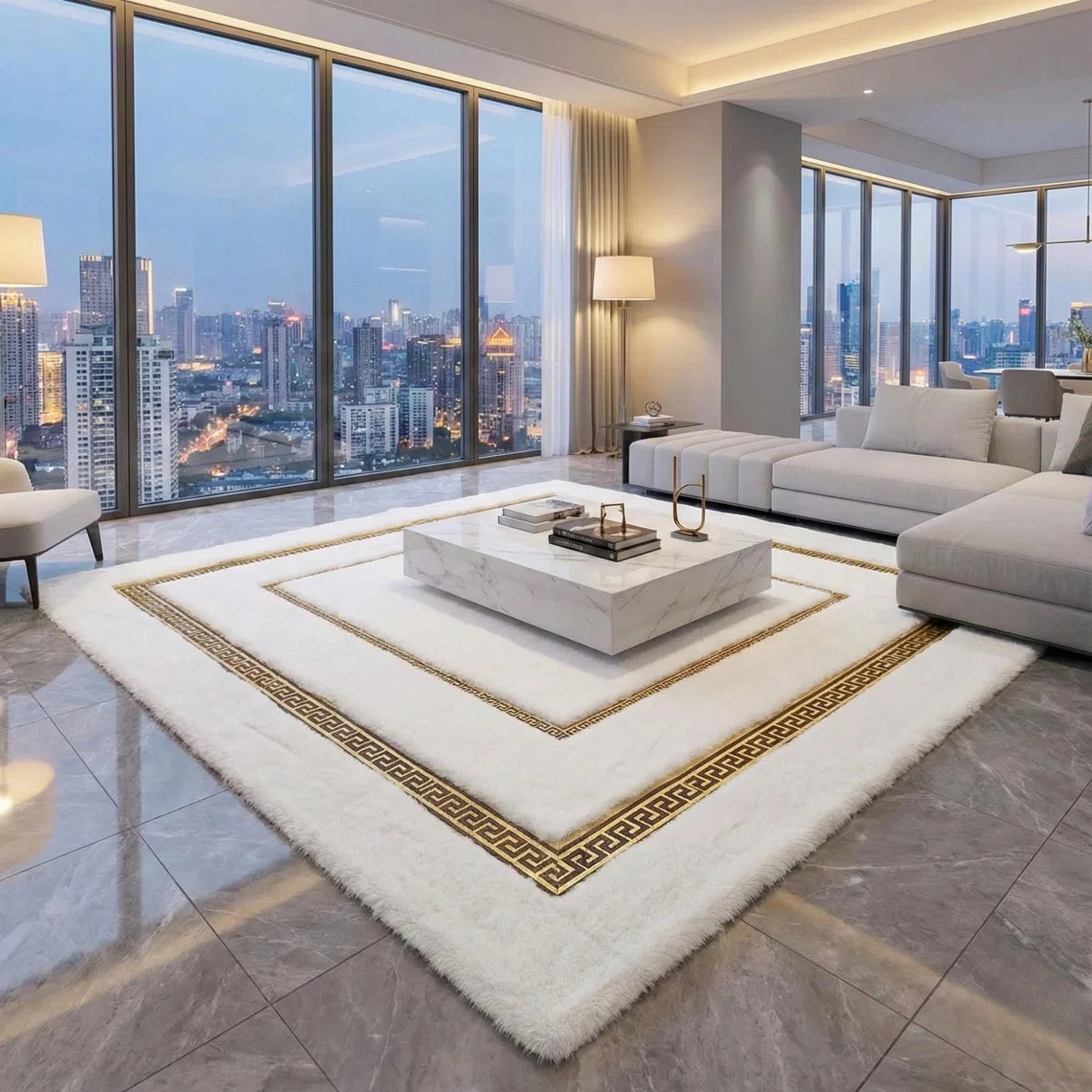 White And Gold Plush Rug, Luxury Golden Border Area Rug, Modern Faux Fur Carpet,