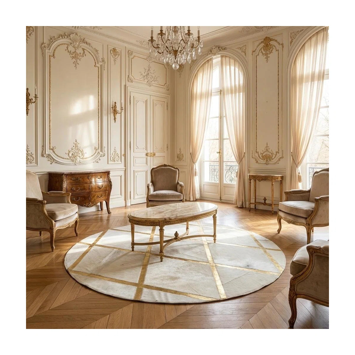 White And Gold Faux Fur Round Rug, Plush Geometric Circle Carpet,