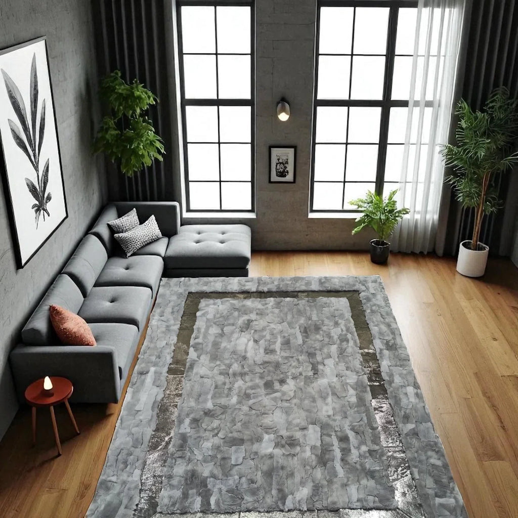 Gray Rabbit Fur Rug With Shiny Border, Soft Rex Rabbit Carpet, Custom Size Rectangular Area Rug, Luxury Fur Living Room Rug_2 X 3 Ft