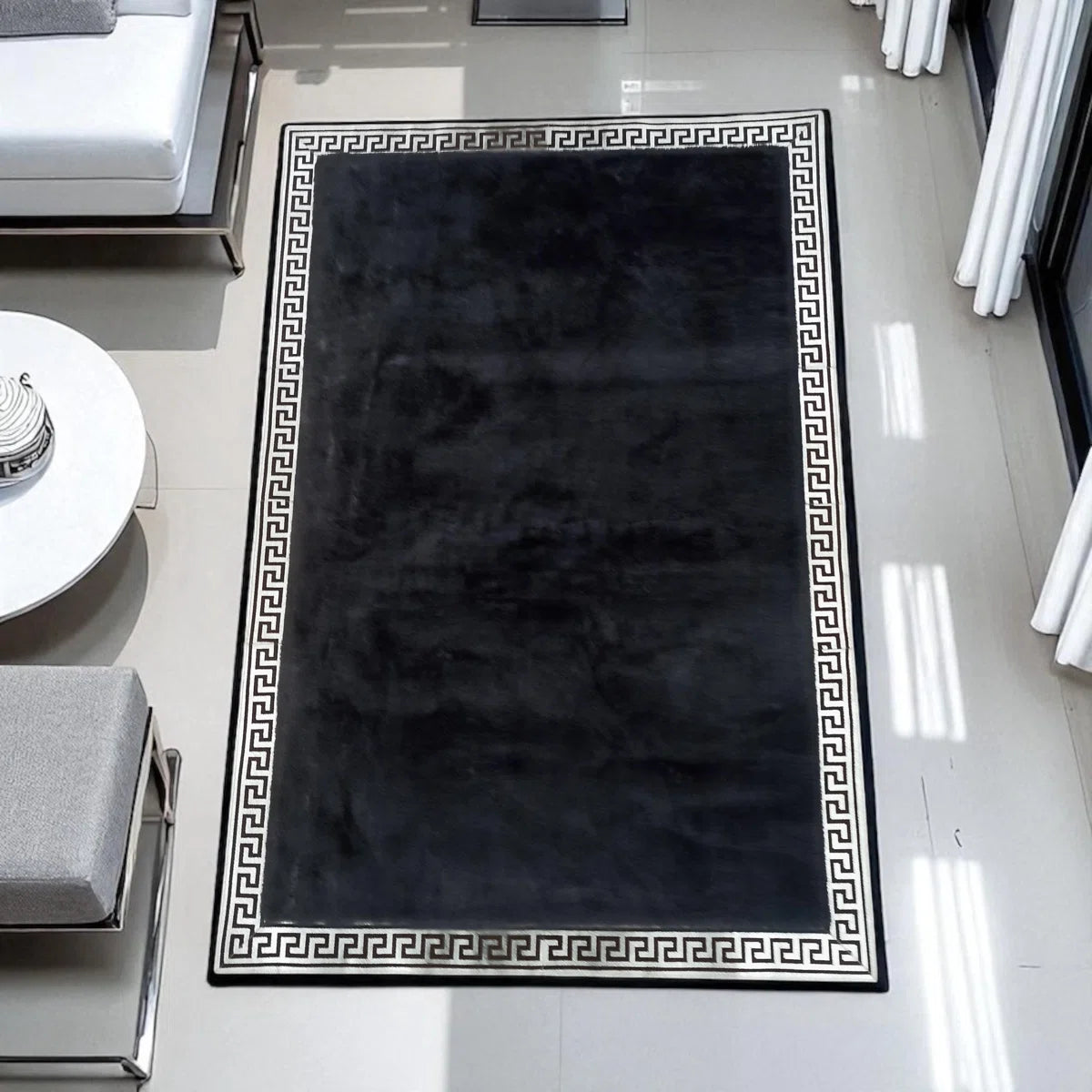 Elegant Black Plush Rug With Silver Border Luxury Soft Area Carpet