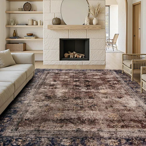 Machine Washable Vintage Area Rug - Soft Carpet with Non-Slip Backing for Living Room, Bedroom, Office,Red