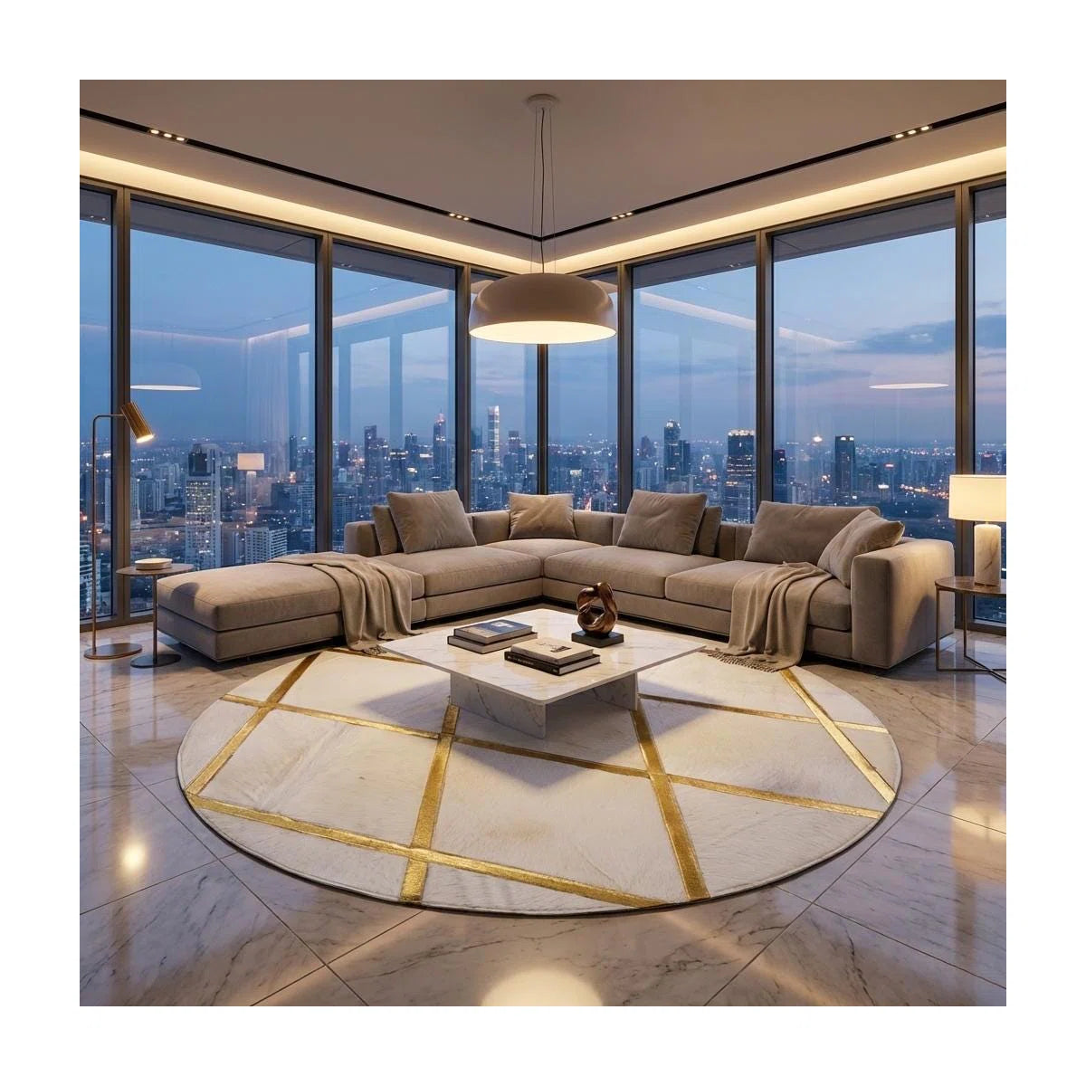 White And Gold Faux Fur Round Rug, Plush Geometric Circle Carpet,