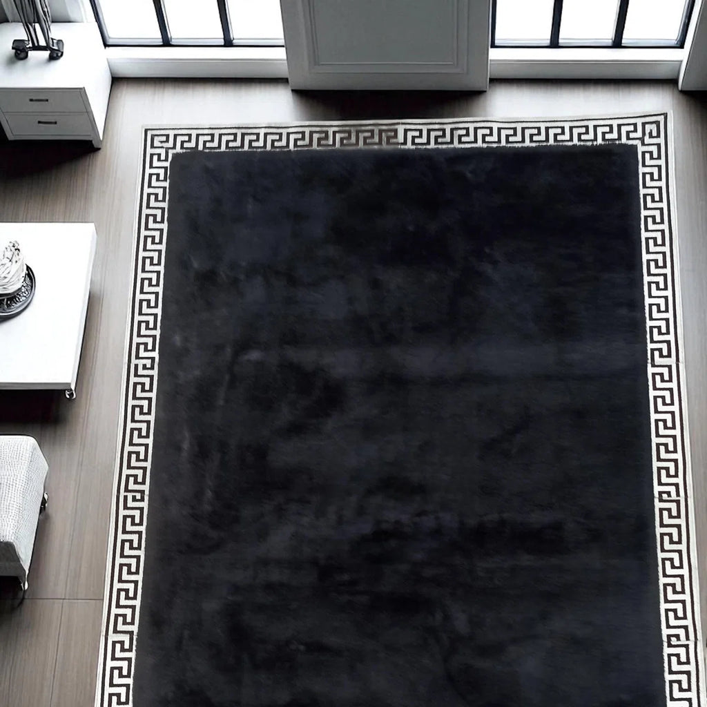 Elegant Black Plush Rug With Silver Border Luxury Soft Area Carpet