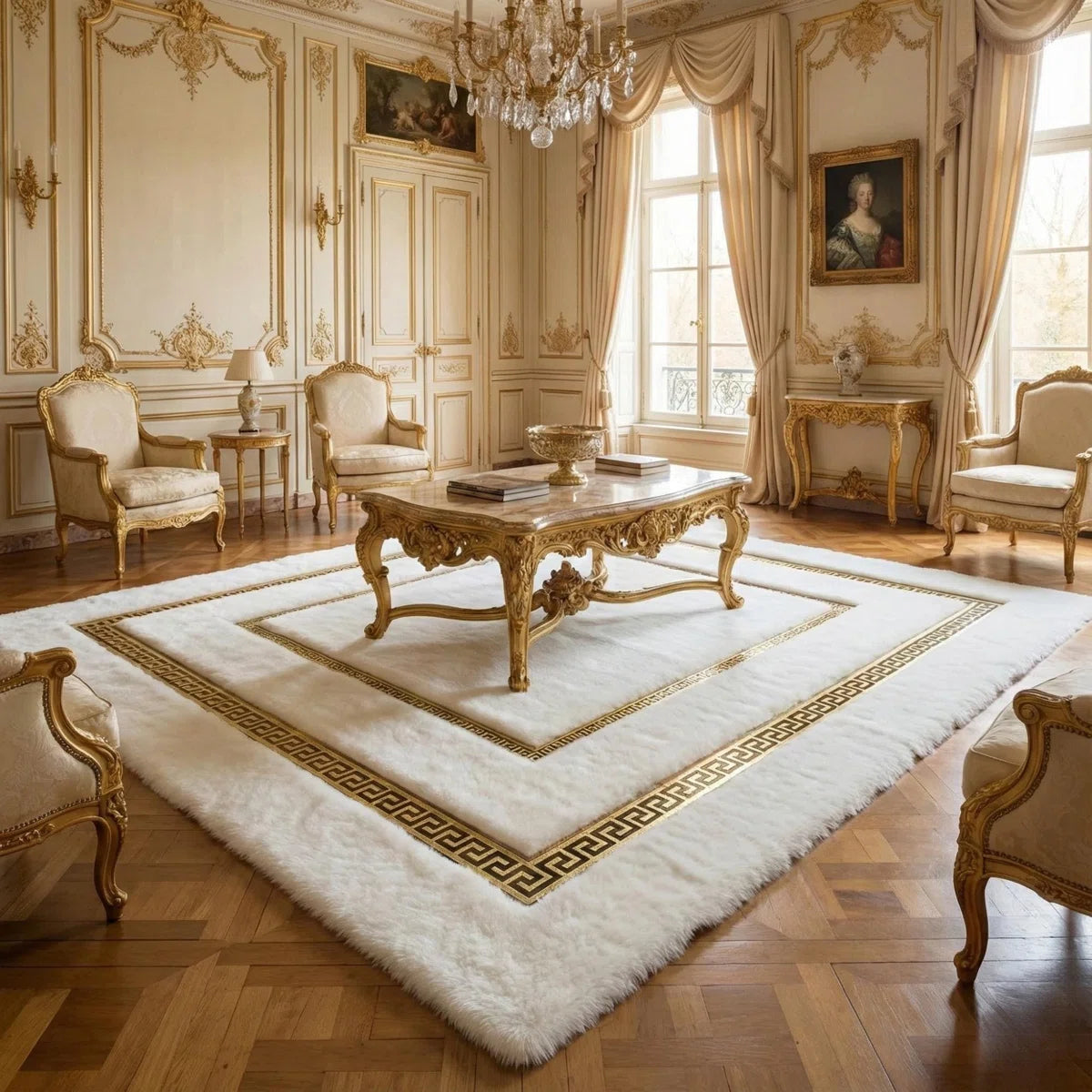 White And Gold Plush Rug, Luxury Golden Border Area Rug, Modern Faux Fur Carpet,