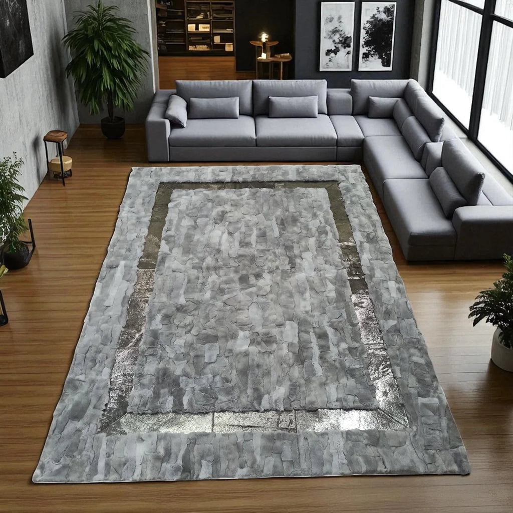 Gray Rabbit Fur Rug With Shiny Border, Soft Rex Rabbit Carpet, Custom Size Rectangular Area Rug, Luxury Fur Living Room Rug_2 X 3 Ft