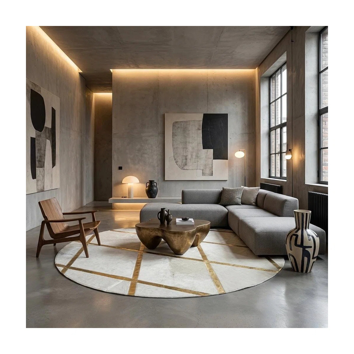 White And Gold Faux Fur Round Rug, Plush Geometric Circle Carpet,