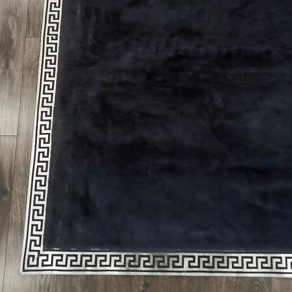 Elegant Black Plush Rug With Silver Border Luxury Soft Area Carpet