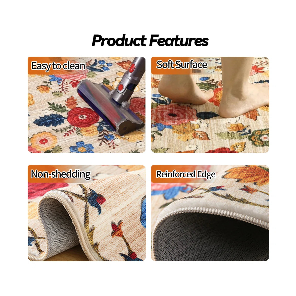 Machine-washable bedroom and living room carpet Vintage floral carpet Soft faux cashmere carpet